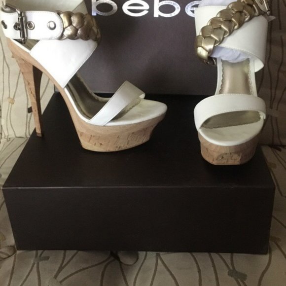 bebe Grecian style-leather w/gold braid Heels - Picture 1 of 4